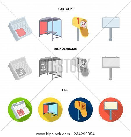 Newspapers, A Bus Stop, A Mail Box, A Billboard.advertising, Set Collection Icons In Cartoon, Flat, 