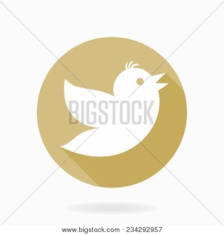 Fine Vector White Icon With Flying Bird In The Circle. Flat Design With Long Shadow