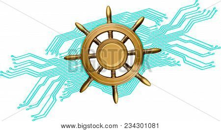 Element Of Circuit Board Pattern And Old Ship Vintage, Wooden Steering Wheel Isolated On White Backg