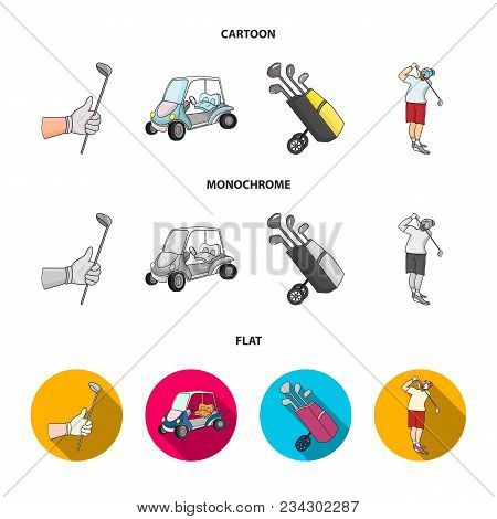 A Gloved Hand With A Stick, A Golf Cart, A Trolley Bag With Sticks In A Bag, A Man Hammering With A 