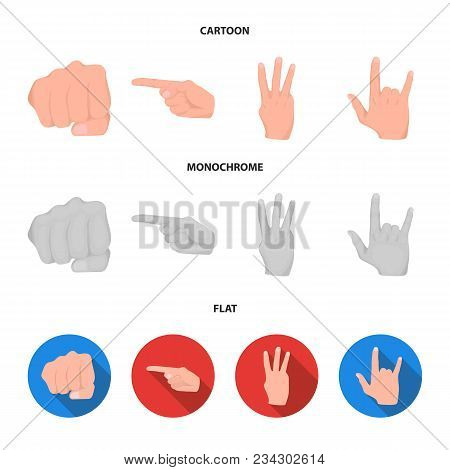 Closed Fist, Index, And Other Gestures. Hand Gestures Set Collection Icons In Cartoon, Flat, Monochr