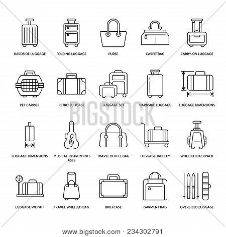 Luggage Flat Line Icons. Carry-on, Hardside Suitcases, Wheeled Bags, Pet Carrier, Travel Backpack. B