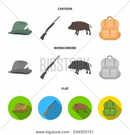 A Hunting Hat With A Feather, A Wild Boar, A Rifle, A Backpack With Things..hunting Set Collection I