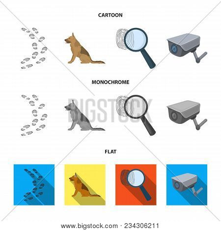 Traces On The Ground, Service Shepherd, Security Camera, Fingerprint. Prison Set Collection Icons In