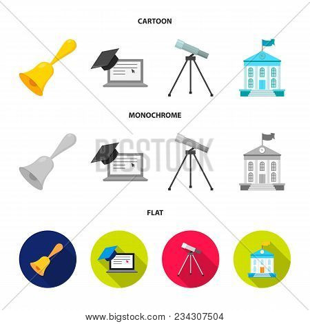 School Bell, Computer, Telescope And School Building. School Set Collection Icons In Cartoon, Flat, 