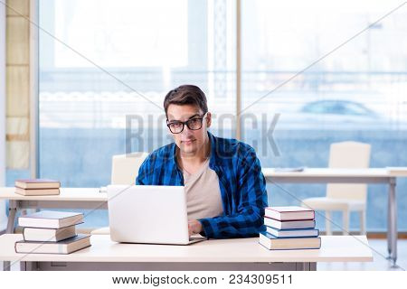Student in telelearning distance learning concept reading in lib