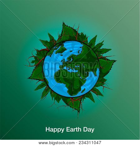 Happy Earth Day. 22 April. 2018. Poster Template Illustration Of The Earth With Continents In A Leaf