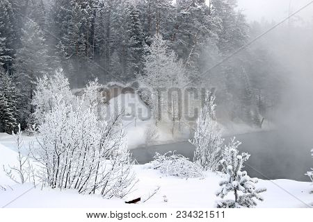 Amazing Winter Landscape Of The Frozen River Bend Over The Island