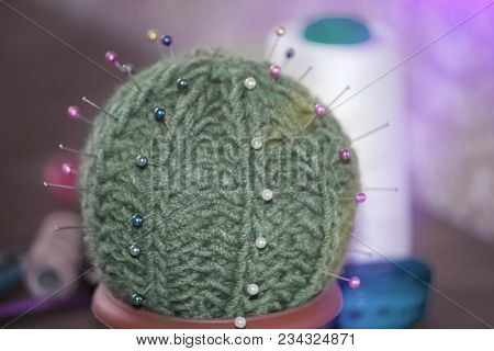 Cactus As A Handmade Needle Bed On A Brown Background