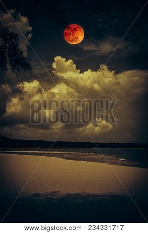 Beautiful Landscape View On Seascape To Night. Attractive Red Full Moon Or Blood Moon On Dark Sky Wi