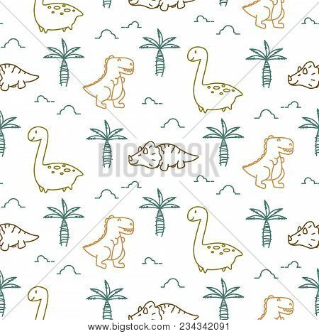 Dinosaurs Line Style Seamless Vector Pattern. Cute Animals Repeat Background For Kids Apparel And Te