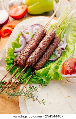 Fast Food. Eastern Food. Shish Kebab, Lyulya-kebab, Shaverma, Pita Gyros. Dishes Of Oriental Cuisine