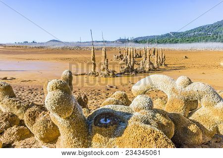 Gossan Reservoir With Orange Stalagmites On Shore, Andalusia, Spain