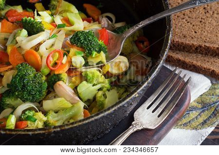 Vegetable Stew In A Frying Pan. Close-up
