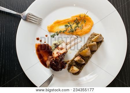 Close Up Shot Of Yummy Exquisite Food.cooked Great Meal From Meat, Potatoes, Pumpkin.