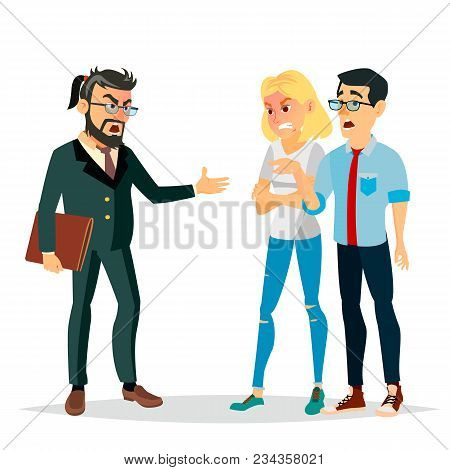 Angry Boss Man Vector. Screams, Shouting To Workers. Scared Docile Employee. Isolated Flat Cartoon C