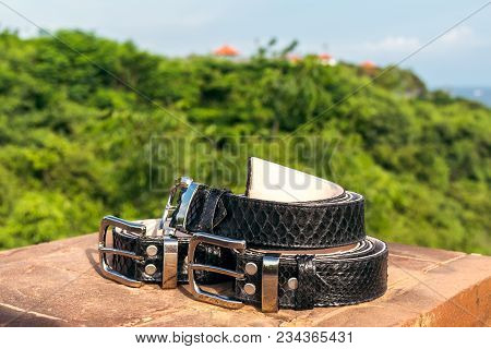 Fashion Luxury Snakeskin Leather Belts Outdoors. Python Belts On A Tropical Background. Indonesia, B