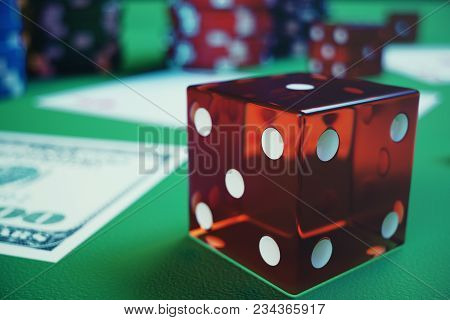 3d Illustration Playing Chips, Cards And Money For Casino Game On Green Table. Real Or Online Casino
