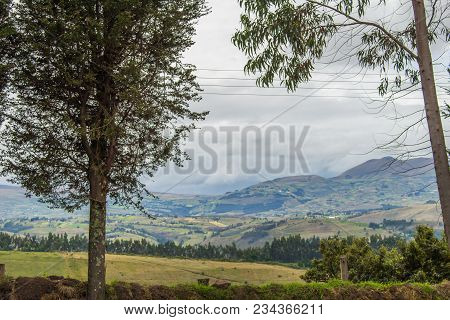Landscape Of Farmland And Dairy Farms In The Andes Mountains Of Ecuador Near Cayambe