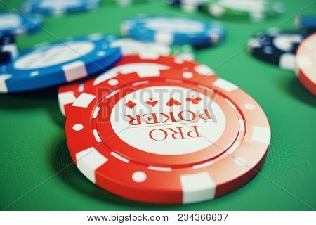 3d Illustration Casino Game. Chips, Playing Cards For Poker. Poker Chips, Red Dice And Money On Gree
