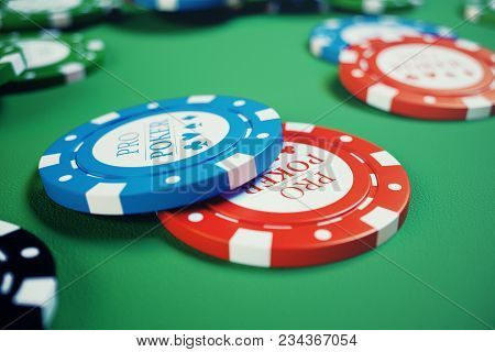 3d Illustration Casino Game. Chips, Playing Cards For Poker. Poker Chips, Red Dice And Money On Gree