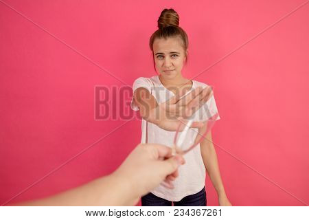 Sober Female Driver Does Not Want To Drinl Alcoholic Beverage. Hate Alcohol. Deny Parties. Abstrain 