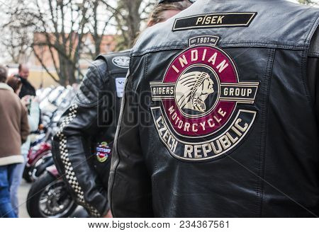 Podebrady, Czech Republic - March 31, 2018: Embroidery On The Back Of A Leather Biker Jacket. Logo O
