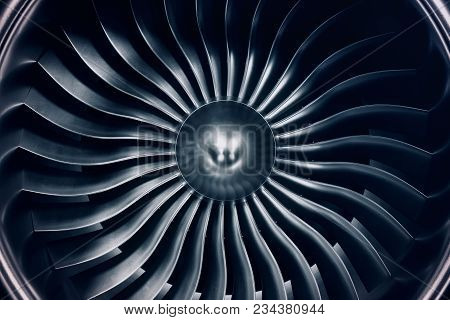 3d Rendering Jet Engine, Close-up View Jet Engine Blades. Blue Tint