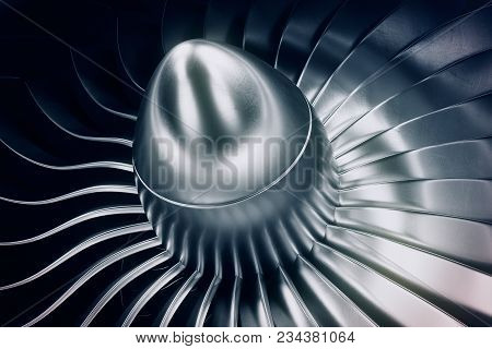 3d Rendering Jet Engine, Close-up View Jet Engine Blades. Blue Tint