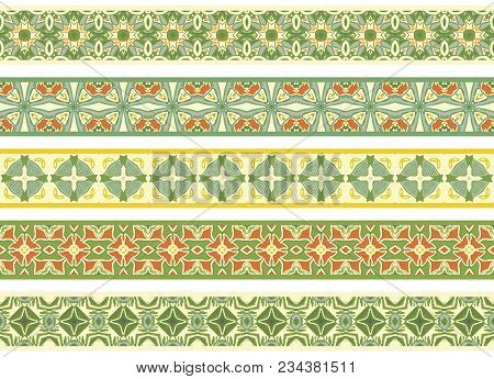Set Of Five Illustrated Decorative Borders Made Of Abstract Elements In Beige, Green, Orange, Turqoi