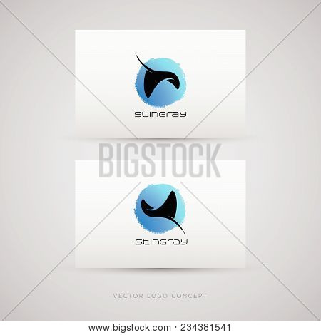 Stingray Concept. Diving, Diving Staff, Club Logo.  Silhouette Of Stingray In Watercolor Blue Circle