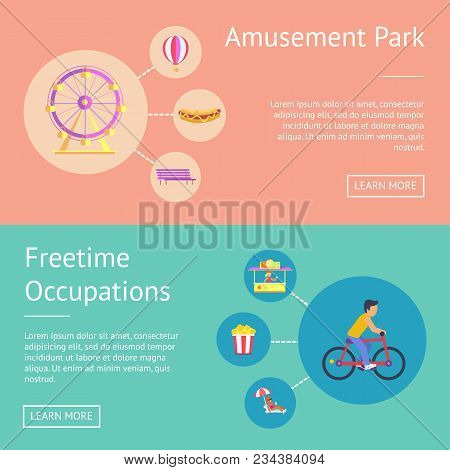 Amusement Park And Freetime Occupation, Web Pages Set With Text And Headline With Buttons, Kid Ridin