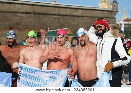 ST. PETERSBURG, RUSSIA - MARCH 4, 2018: Winter swimming competitions for Big Neva Cup. Winter swimmers from 12 countries aged from 12 to 78 take part in the competitions this year