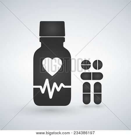 Cardio Heart Pill Bottle Icon. Modern Pill Bottle For Pills Or Capsules. Flat Style Vector Illustrat