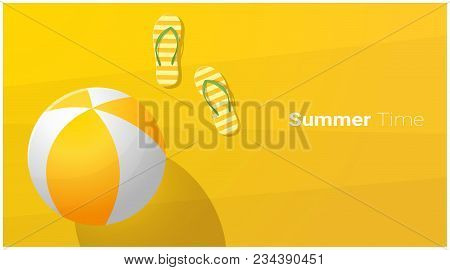 Hello Summer Season Background With Sandals And Beach Ball On Tropical Beach , Vector , Illustration
