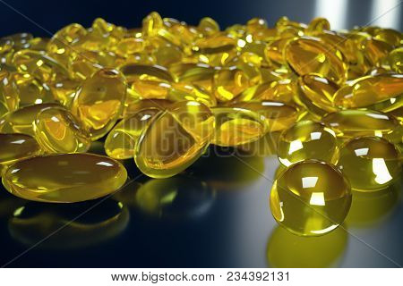 3d Rendering Fish Oil. Omega 3, Omega 6, Omega 9, Vitamin D. Pile Of Capsules Omega 3 On Black Backg
