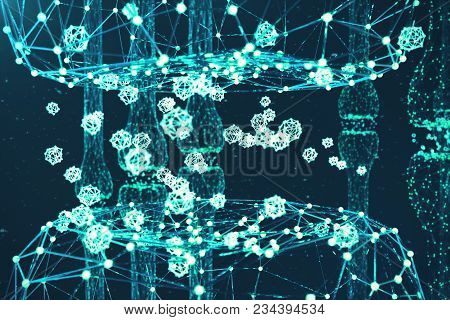 3d Rendering Blue Glowing Synapse. Artificial Neuron In Concept Of Artificial Intelligence. Synaptic