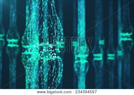 Blue Glowing Synapse. Artificial Neuron In Concept Of Artificial Intelligence. Synaptic Transmission