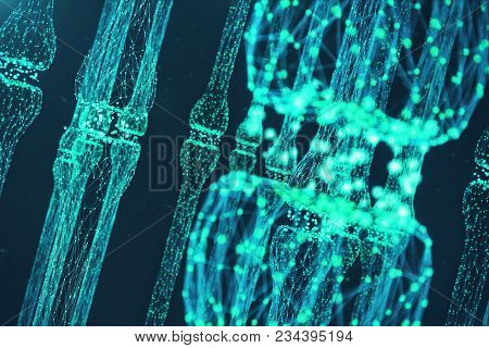 3d Rendering Blue Glowing Synapse. Artificial Neuron In Concept Of Artificial Intelligence. Synaptic