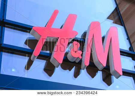 Prague, Czech Republic - May 2017: Close Up Shot Of H&m Logo. H & M Hennes & Mauritz Ab Is A Swedish
