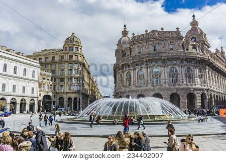 Genoa, Italy - March 9, 2018: Unidentified People On The Piazza De Ferrari In Genoa, Italy. Piazza D