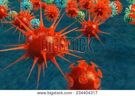 3d Illustration Pathogenic Viruses Causing Infection In Host Organism. Viral Disease Epidemic. Virus