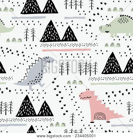 Adorable Seamless Pattern With Funny Dinosaurs In Cartoon. Perfect For Cards, Invitations, Party, Ba