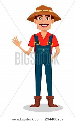 Farmer Cartoon Character. Cheerful Gardener Waves Hand. Vector Illustration Isolated On White Backgr