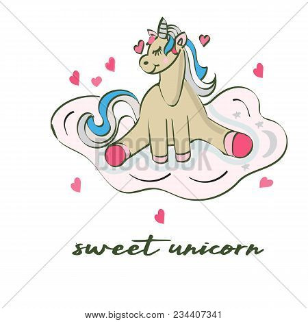 Cute Unicorn Greeting Card. Magical Unicorn Vector Poster. Sticker For Baby Room