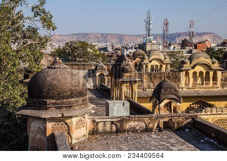 Roofs Of Old Buildings On The Background Of Mobile Communications Towers. Old And Modern. Jaipur, In