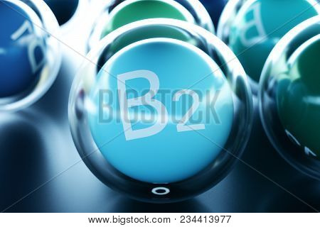 Vitamin B2, On Black Background. Symbol Of Health And Longevity. 3d Rendering