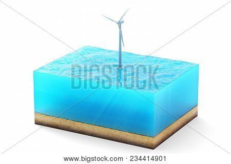 3d Rendering Of Cross Section Of Water Cube Isolated On White Background. Wind Turbine In The Sea Pr