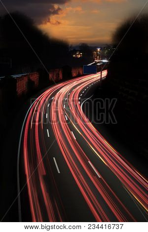 Red And Yellow Light Trails On Germany Autobahn A40 Near Essen City