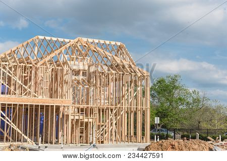 Close-up Wooden Timber Frame House In Irving, Texas, Usa